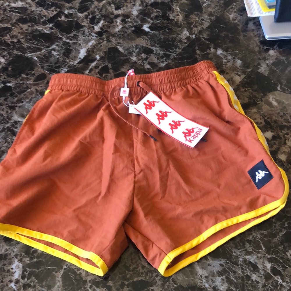 Kappa UO Angus Shorts: Orange Nylon W/ Yellow